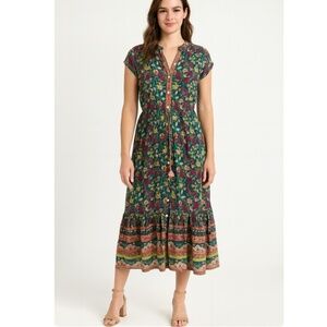 BELL by Alicia Bell Cap Sleeve Paisley Midi Dress Drawstring Tassel Waist Size L